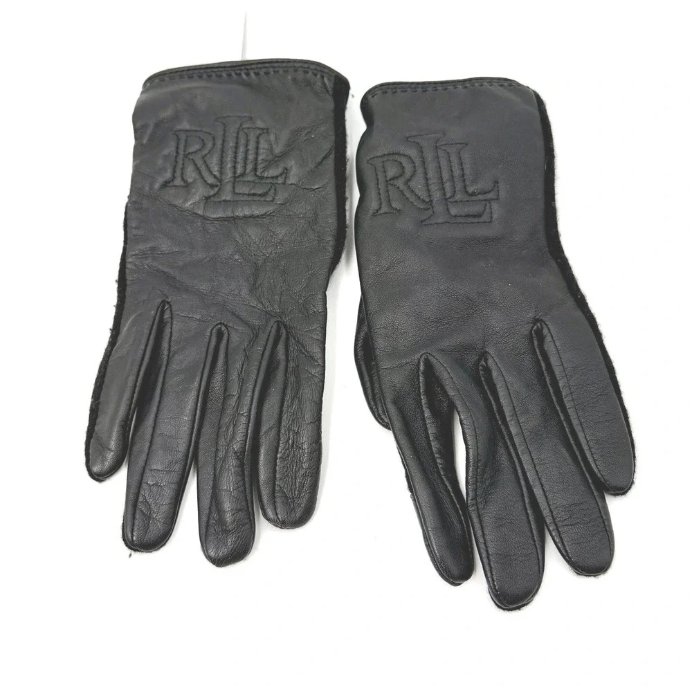 Lauren Ralph Lauren Womens Black Leather Wool Blend RLL Embroidered Logo Gloves